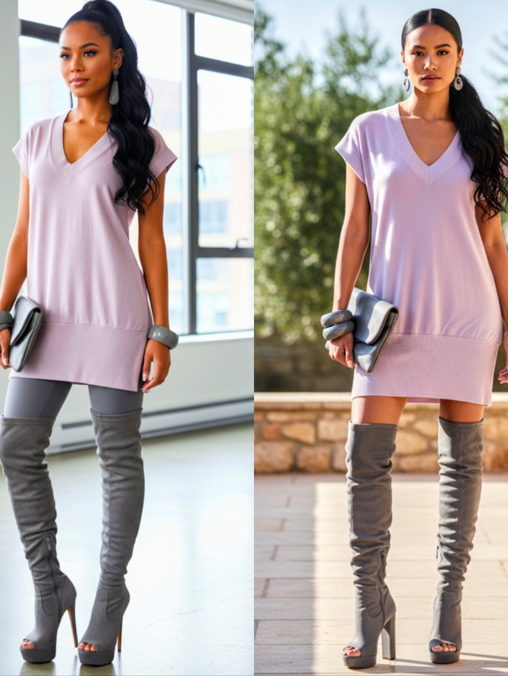 Lilac V-Neck Tunic Dress with Cap Sleeves